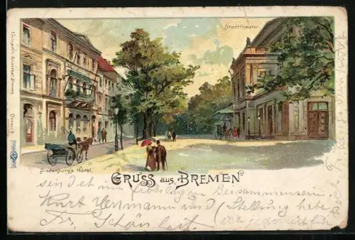 Lithographie Bremen, Siedenburgs Hotel, Stadttheater