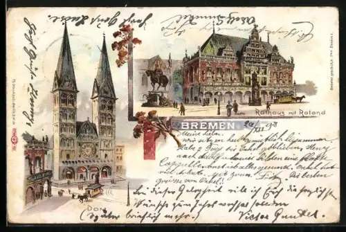 Lithographie Bremen, Dom, Rathaus mit Roland