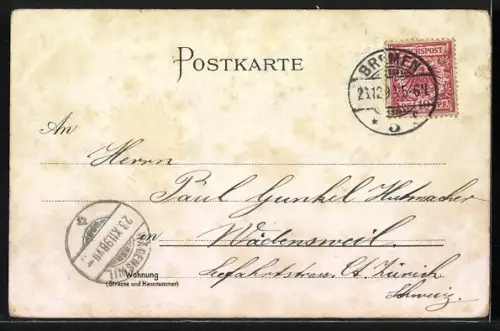 Lithographie Bremen, Dom, Rathaus mit Roland