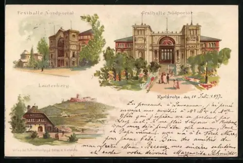 Lithographie Karlsruhe, Festhalle Nordportal, Festhalle Südportal, Lautenberg