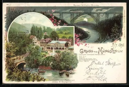 Mondschein-Lithographie Müngsten, Restaurant von W. Baumgärtner, Kaiser-Wilhelm-Brücke, Alte Wupperbrücke