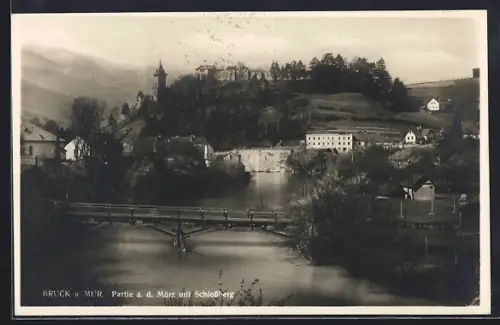 AK Bruck a. d. Mur, Mürzpartie mit Brücke u. Schlossberg