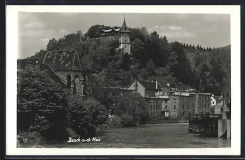 AK Bruck a. d. Mur, Flusspartie mit Schlossberg