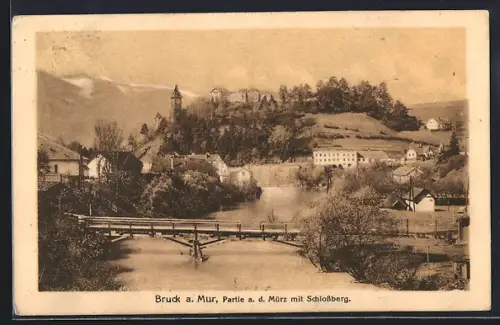 AK Bruck a. d. Mur, Mürzpartie mit Brücke u. Schlossberg