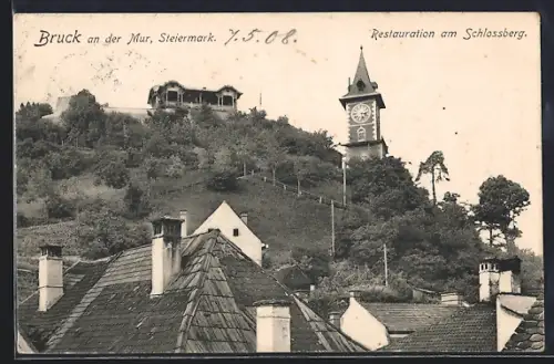 AK Bruck a. d. Mur, Gasthaus / Restauration am Schlossberg, Ortspartie