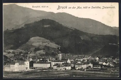 AK Bruck a. d. Mur, Ortsansicht mit Rennfeld aus der Vogelschau