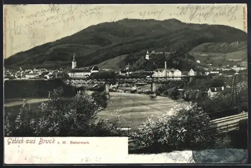 AK Bruck / Mur, Ortspanorama mit der Brücke im ordergrund