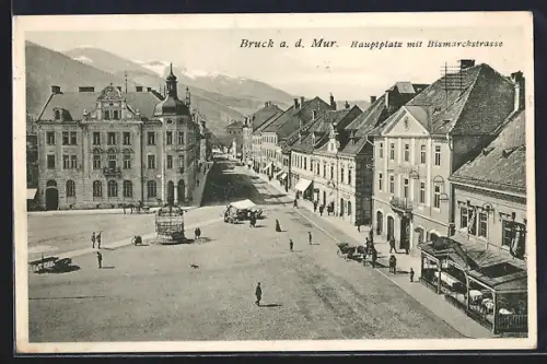 AK Bruck a. d. Mur, Hauptplatz mit Bismarckstrasse und Brunnen