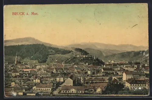 AK Bruck a. d. Mur, Teilansicht mit Bergpanorama, von oben gesehen