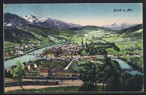 AK Bruck a. Mur, Gesamtansicht, Eisenbahn