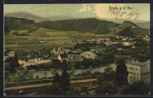 AK Bruck a. d. Mur, Teilansicht mit Flusspartie aus der Vogelschau