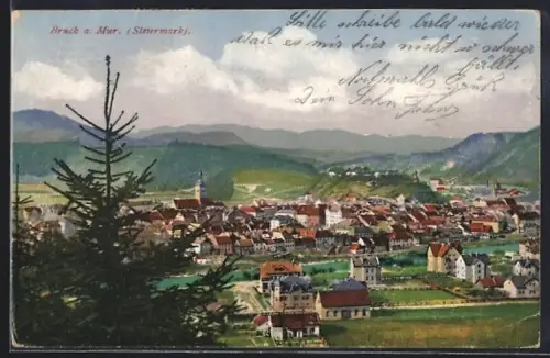 AK Bruck a. d. Mur, Ortsansicht mit Fernblick, Ansicht von oben