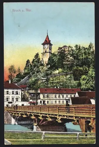 AK Bruck a. Mur, Blick auf die Kirche mit Murbrücke