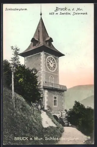 AK Burck a. d. Mur, Partie am Schlossbergturm in der Abendröte