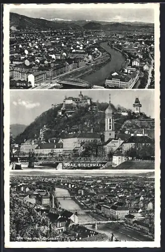 AK Graz /Steiermark, Ortsansichten gegen Nordwesten und mit den drei Brücken