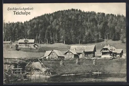 AK Teichalpe /Hochlantschgebiet, Ortsansicht mit Holzbauten am Wasser