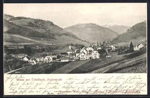 AK Uebelbach, Gesamtansicht mit Feldern u. Bergpanorama