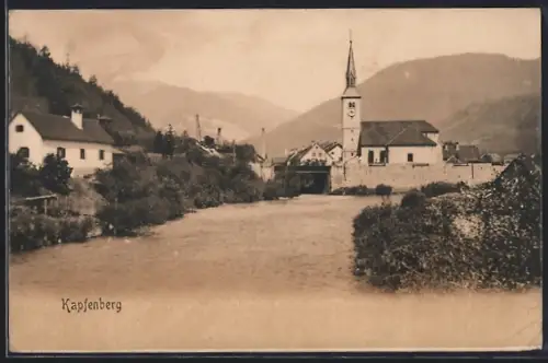 AK Kapfenberg, Flusspartie mit Kirche u. Fabrikschloten
