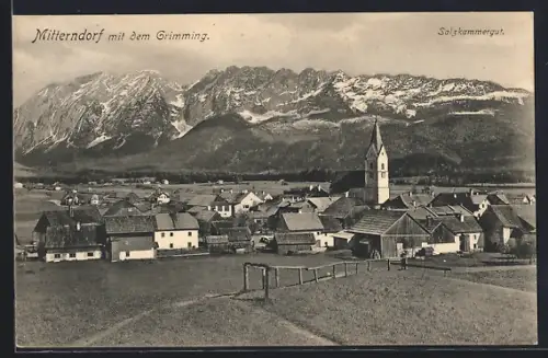 AK Mitterndorf /Salzkammergut, Teilansicht mit Kirche und dem Grimming