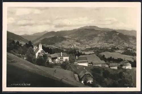 AK Krakauebene, Ortspanorama mit Talblick aus der Vogelschau