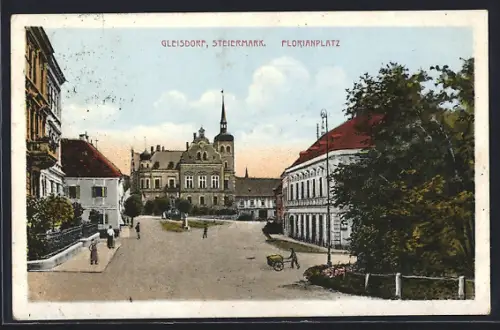 AK Gleisdorf, Florianplatz, Panorama mit Turmgebäude