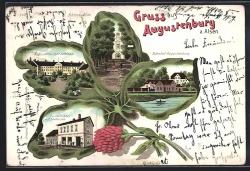 Lithographie Augustenburg a. Alsen, Geschäftshaus Steffensen, Bahnhof, Schloss, im Kleeblatt-Rahmen