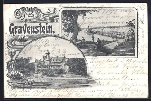 AK Gravenstein, Turmgebäude mit Anlage, Dampferanleger, Seerosen