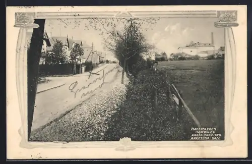 AK Hadersleben, Aarosunder Strasse mit Fabrik, Ornament-Rahmen
