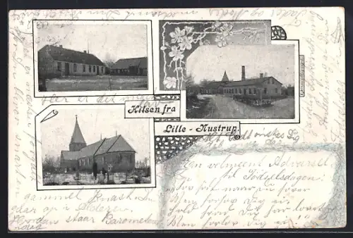 AK Lille-Nustrup, Ortspartie, Kirche, Gehöft