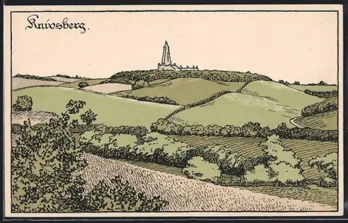 Lithographie Apenrade /Nordschleswig, Knivsberg über blühenden Feldern, Totalansicht