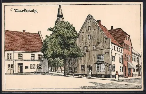 Künstler-AK Tondern, Blick auf den Marktplatz