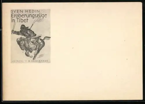 AK Buchtitel Eroberungszüge in Tibet von Sven Hedin, Wilder Reiter mit einem Schwert, Bibliothek