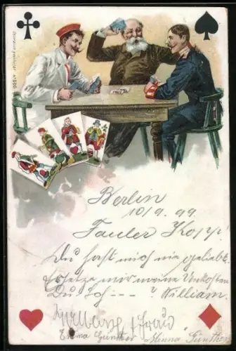 Lithographie Soldaten spielen zusammen Karten