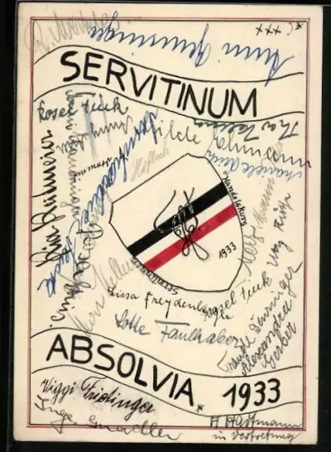 Künstler-AK Servitinum Absolvia 1933, Studentenwappen
