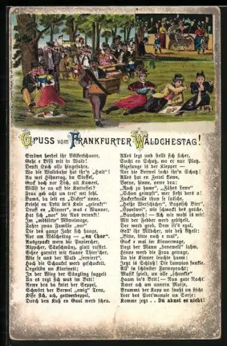 Künstler-AK Frankfurt, Mann mit Leierkasten beim Frankfurter Waldchestag