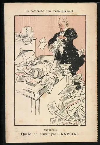 Künstler-AK Wütender Mann zerreisst Bücher, La recherche d`un renseignement