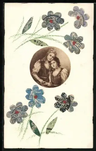 AK Briefmarkencollage mit Blumen und zwei Frauen im Porträt