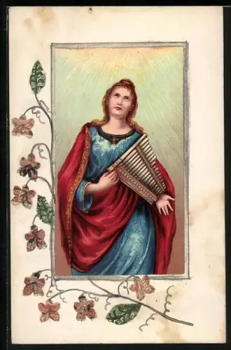 AK Maria mit Heiligenschein und Blumen aus Briefmarken