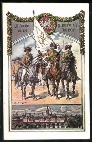 Lithographie Frankfurt am Main, XI. Deutsches Turnfest 1908, Einlauf der Turner