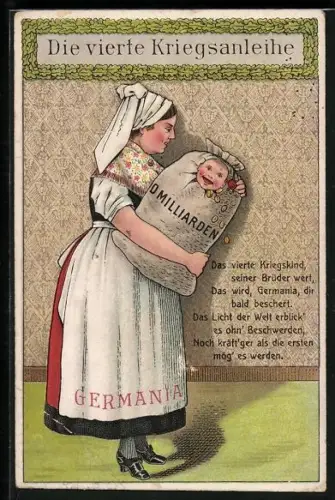Künstler-AK Germania mit einem Geldsack in dem ein Kind steckt, Die vierte Kriegsanleihe