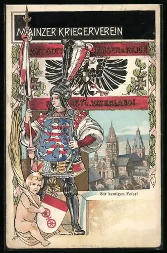 AK Mainz, Mainzer Kriegsverein, Ritter in Rüstung mit Wappen, Blick über die Dächer der Ortschaft