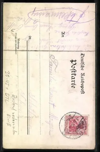 AK Mainz, Mainzer Kriegsverein, Ritter in Rüstung mit Wappen, Blick über die Dächer der Ortschaft