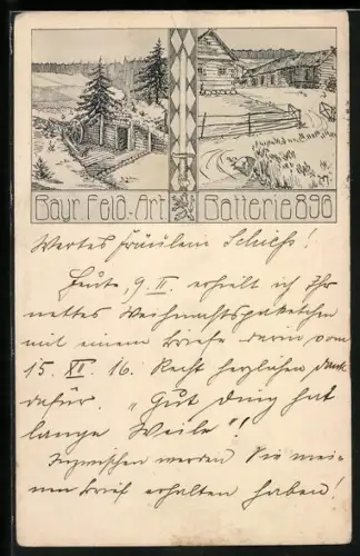 Künstler-AK Bayr. Feld.-Art. Batterie 896, Lager und Schützengraben