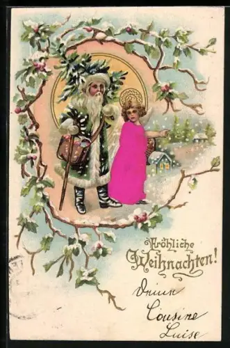 AK Weihnachtsmann und Weihnachtsengel in der winterlichen Ortschaft unterwegs