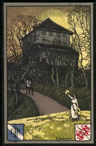 Künstler-AK Frau verabschiedet sich von zwei Studenten, Studentenwappen