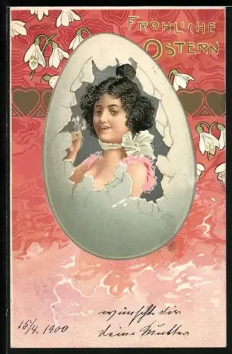 AK Jugendstil Ostergrusskarte, Frau in aufgebrochenen Ei mit Schneeglöcken