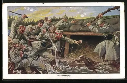 Künstler-AK A. Thiele: Soldaten auf Hasenjagd