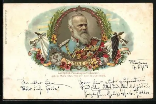 Lithographie Porträt Prinzregent Luitpold in Uniform, Fahnen