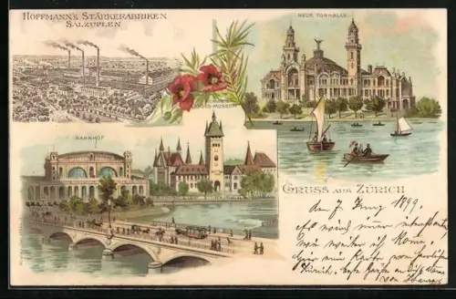 Lithographie Zürich, Bahnhof mit Brücke und Pferdebahn, Hoffmanns Stärke Fabriken Salzuflen, Neue Tonhalle