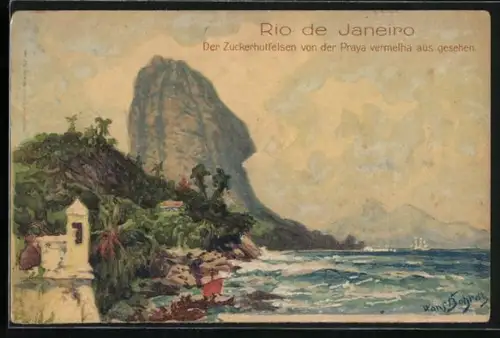 Künstler-AK Hans Bohrdt: Rio de Janeiro, Zuckerhutfelsen von der Praya vermelha aus gesehen